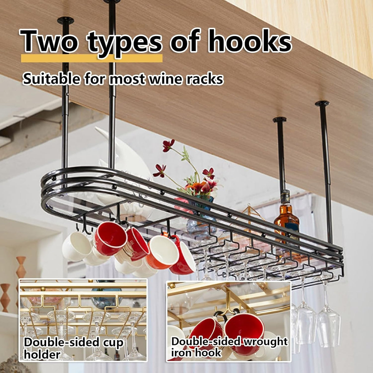 Adjustable Hanging Wine Rack, Metal Ceiling Shelf Cafe Cups, Retro Rustic for Kitchen Bar Restaurant Cellar