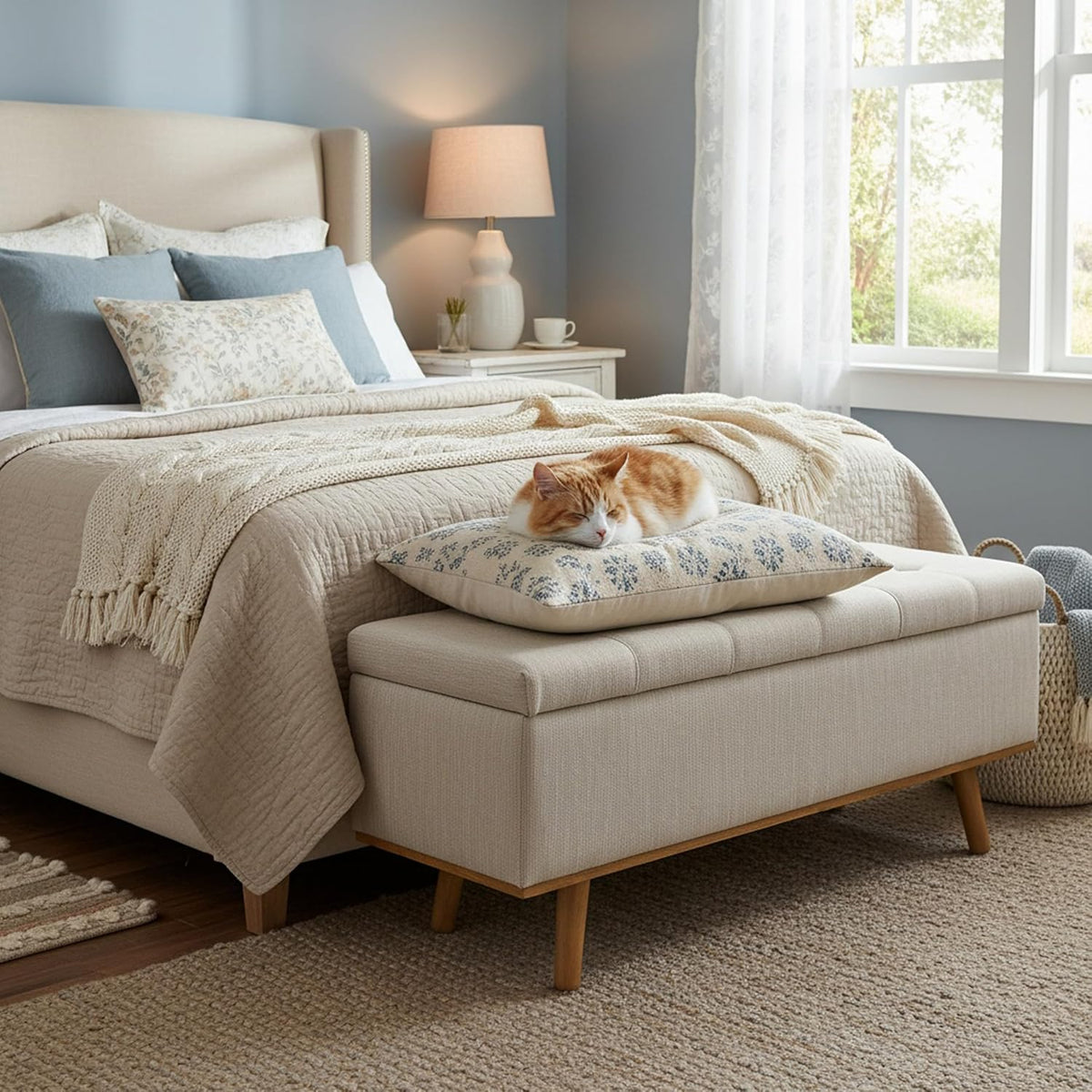 Storage Ottoman Bench, 45" End of Bed Bench, Beige | Hidden Storage Space, Linen Upholstery, Padded Cushion Top, Solid Wood Legs, 350 LBS Weight Capacity