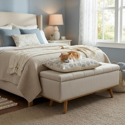 Storage Ottoman Bench, 45" End of Bed Bench, Beige | Hidden Storage Space, Linen Upholstery, Padded Cushion Top, Solid Wood Legs, 350 LBS Weight Capacity