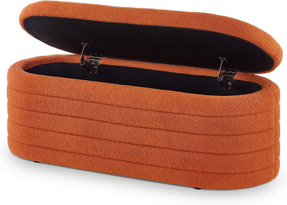 extrasleep Modern 43" Oval Storage Ottoman Bench with Safety Hinge, Upholstered Teddy Fabric End of Bed Bench with Hidden Storage, Comfy Foot Rest for Bedroom Living Room, Entryway Bench, Orange