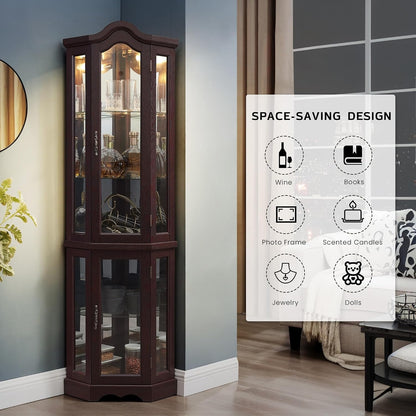 Lighted Corner Curio Cabinet 70.5" Tall Wooden China Cabinet with Tempered Glass Doors, Freestanding Glass Display Case Wine Cabinet Storage Rack for Bar and Liquor Storage (Dark Cherry)