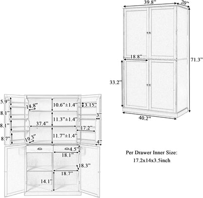 RUNNA High Freestanding Kitchen Pantry with 2 Drawers, 2 Adjustable Shelves, 8 Door Shelves, Large Cupboard Storage Cabinet for Dining Room (Gray#Large)
