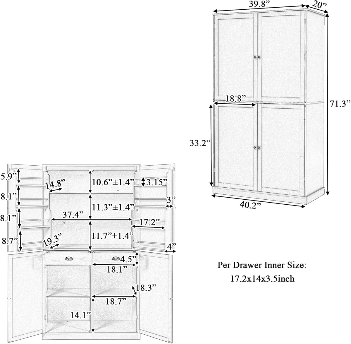 71.3'' Tall Wood Kitchen Pantry, Farmhouse Food Pantry Cabinet with 8 Door Shelves / 2 Drawers, Freestanding Large Cupboard with Adjustable Shelves for Kitchen Dining Room, Blue