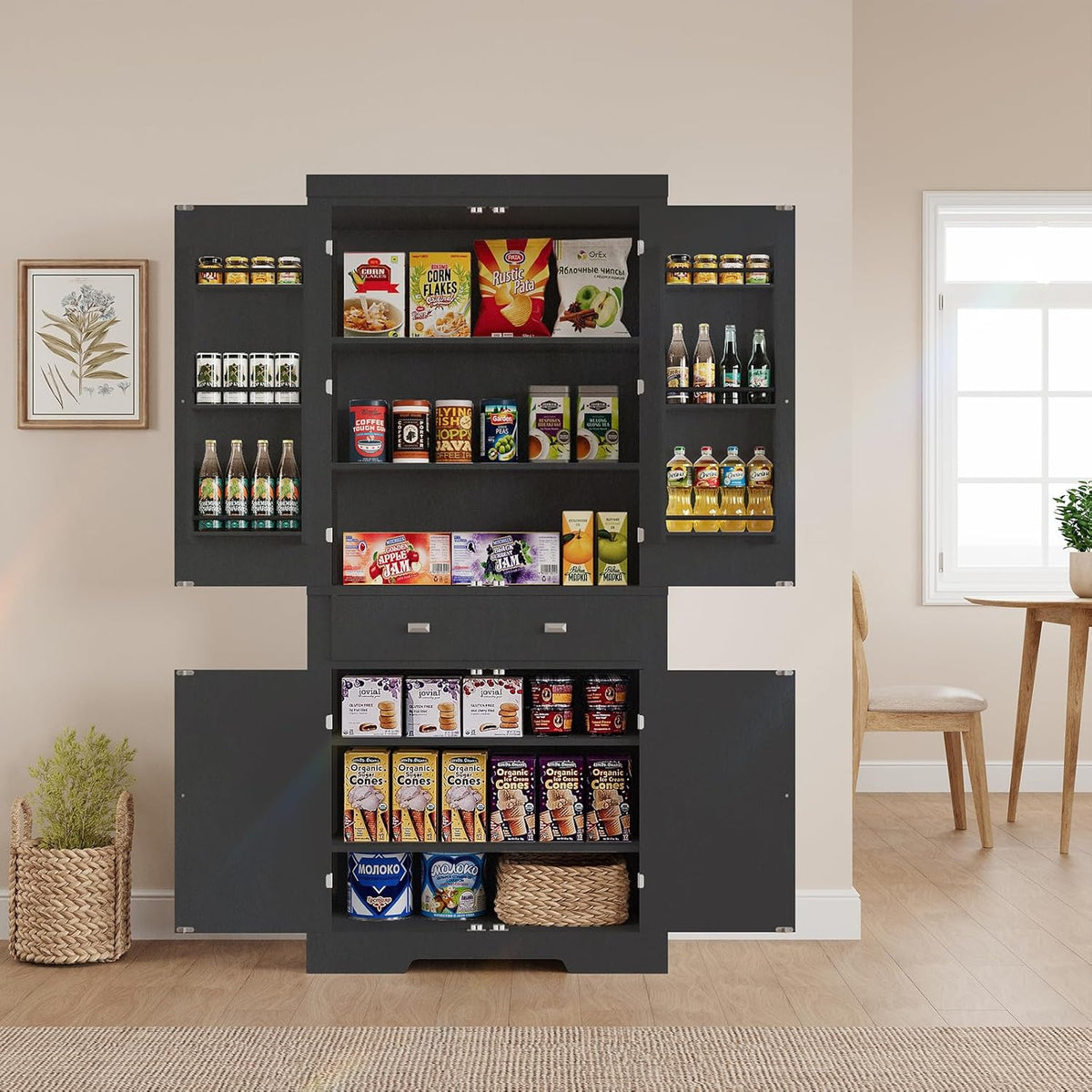 Pantry Cabinet, 72" Kitchen Pantry Storage Cabinet, Modern Kitchen Cupboard with Large Drawer, 2 Cabinets, 4 Adjustable Shelves, Freestanding Hutch Food Pantry for Dining Room Living Room, Black