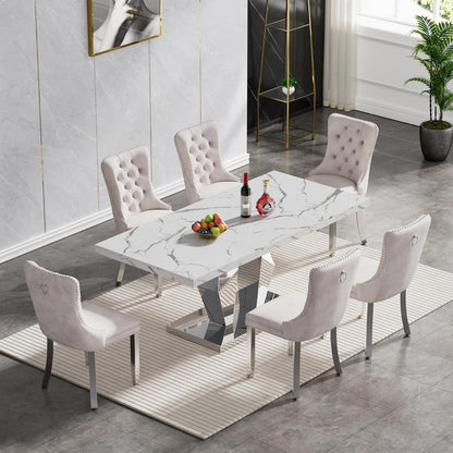 Henf Luxury Marble Dining Table for 6-8 Rectangular 70" Faux Marble Kitchen Table with Silver Mirrored Stainless Steel Base,White Faux Marble Large Long Pedestal Table (Table Only)