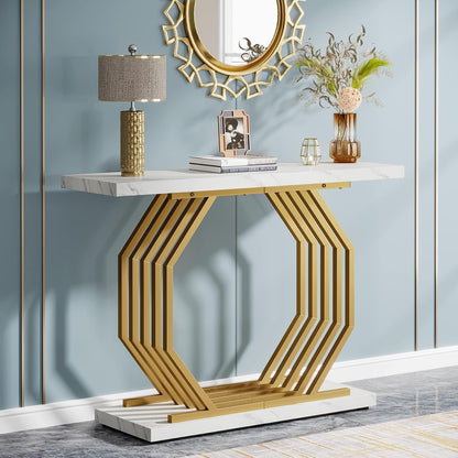 Tribesigns Gold Console Table, Faux Marble Entryway Table Narrow Sofa with Geometric Metal Base, 40 Inch Modern Accent Entrance for Living Room, Hallway, Foyer, White and Gold