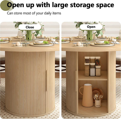 weselon 47 inch Round Dining Table for 4, Kitchen Table Dinner Table with 2-Layer Storage Shelf and Wood Slide Door for Home Dining Room Living Room (Natural)