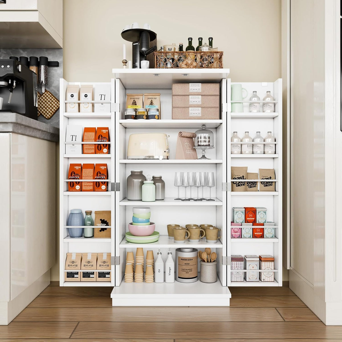 Shintenchi Kitchen Pantry Cabinet,5 - Layer Storage Cupboard with Adjustable Shelves for Organizing and Storing Food Items,47'' Versatile Buffet Sideboard for Kitchen, Bathroom and Laundry,White
