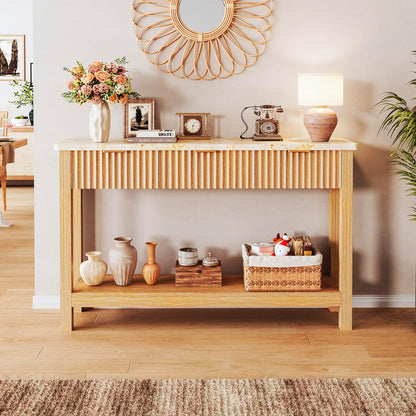 HUAHUU 47.2" Fluted Console Table with 3 Drawers, Long Sofa Table with Storage Behind Couch, Modern Entryway Table with Power Outlet & Open Storage for Entrance/Hallway/Foyer/Living Room, Oak