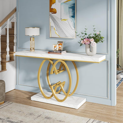 Tribesigns 55 Inch Console Table for Hallway, Faux Marble Gold Entryway Table with Geometric Metal Base, Modern Narrow Sofa Accent Table for Entrance, Living Room, Foyer (White & Gold)