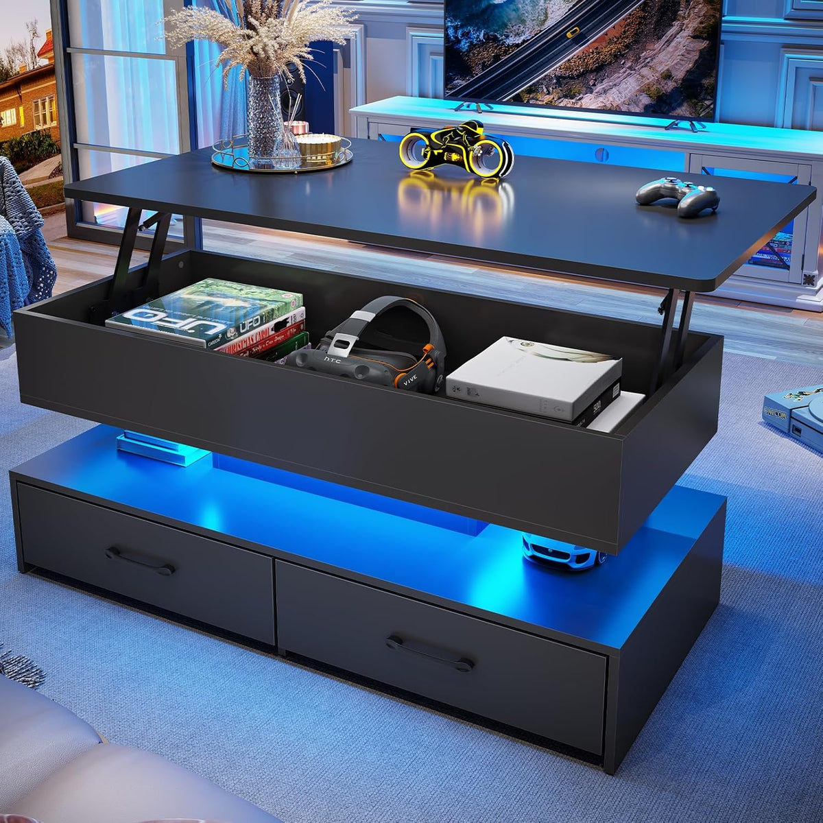 SEDETA 40" Lift Top Coffee Table, Coffee Tables with Storage for Living Room, Small Coffee Table with 2 Drawers & LED Light for Dining Reception Room, Black