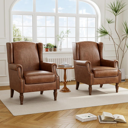 PU Leather High Back Accent Chair, Upholstered Armchair with Solid Wood Legs, Comfy Wingback Reading Single Sofa Chair for Small Spaces, Living Room, Bedroom(Leather Brown, Set of 2)