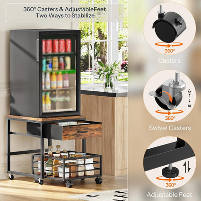HOOBRO Mini Fridge Stand with Storage, 19.7 Inch End Table, Mini Fridge Cabinet with Mobile Basket Cart, for Living Room, Bedroom, Rustic Brown and Black BF655BX01