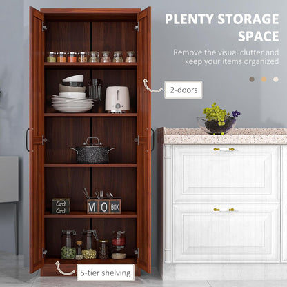 HOMCOM 63" 2-Door Kitchen Pantry 5-Tier Tan | Freestanding Storage Cabinet, Shelving, 2 Adjustable Shelves, for Dining Room