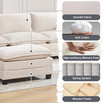KIVENJAJA 103" Cloud Couch Sectional with Storage, L Shaped Sofa, Beige | 3 Seat, Side Pockets, Movable Ottoman, Corduroy, Deep Seat, Easy Assembly, for Living Room/Apartment