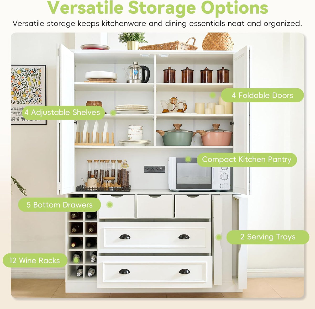 roomfitters 71" Kitchen Pantry Organizers and Storage Kitchen Cabinet, Power Outlet, Wine Rack, 5 Drawers, Pull-Out Shelf, White