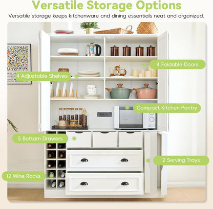 roomfitters 71" Kitchen Pantry Organizers and Storage Kitchen Cabinet, Power Outlet, Wine Rack, 5 Drawers, Pull-Out Shelf, White