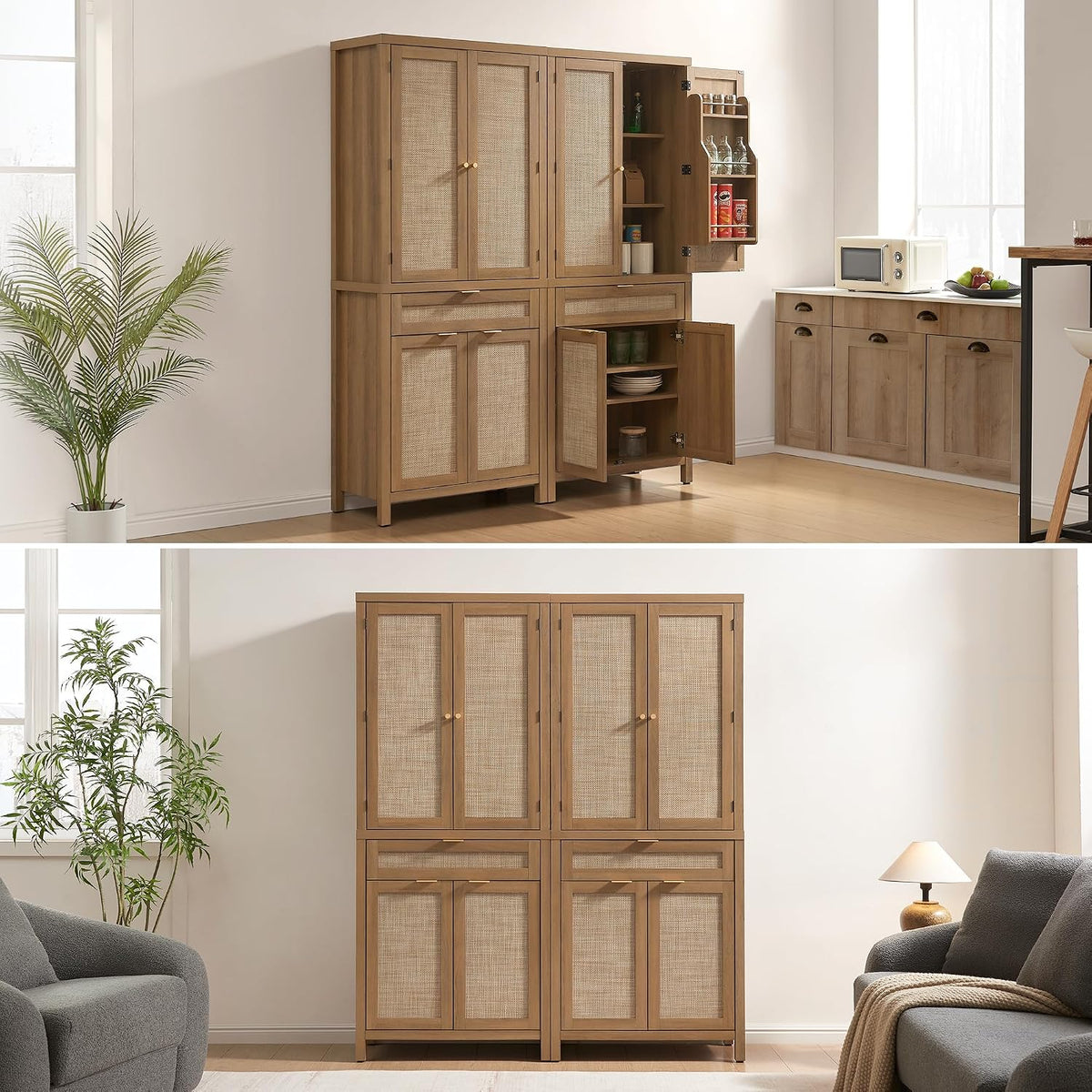 SICOTAS 72 inch Pantry Cabinet with Drawer & 4 Doors, Rattan Buffet Cabinet | Farmhouse Boho Freestanding Cupboard Pantry, Tall Storage Cabinet with Storage for Living Room, Dining Room