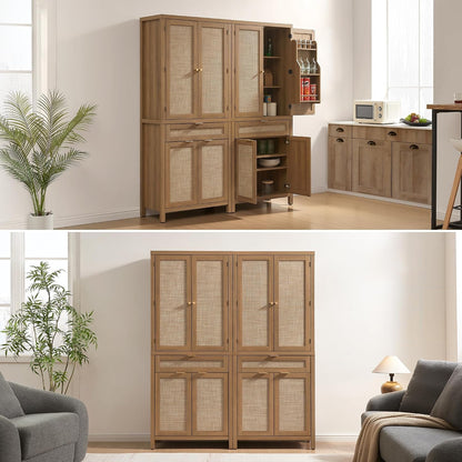SICOTAS 72 inch Rattan Buffet Cabinet with Drawer, 4 Doors : Pantry Cabinet | 3 Pieces Tall Storage Cabinet, Farmhouse Boho Freestanding Cupboard Pantry with Storage for Living Room, Dining Room