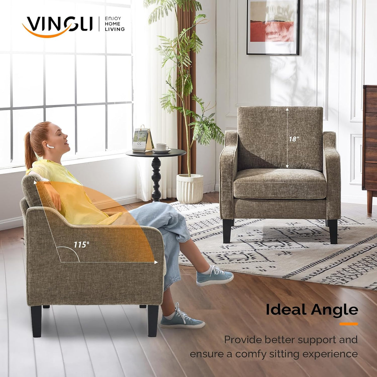 VINGLI Accent Chairs Set of 2, Modern Traditional Armchair for Living Room | Light Brown Reading Chair for Bedroom, Chenille Upholstered Sofa Chairs, Comfy Chair for Small Space, Apartment, Waiting Room