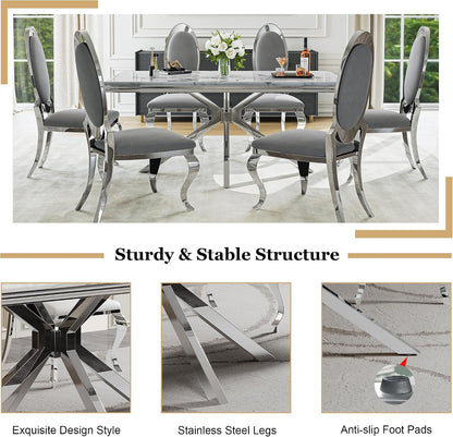Luxury 7-Piece Dining Room Set, 70 Inch Silver Large Kitchen Table with Oval Velvet Chair, for 4-6 People, Living Room, Kitchen, Home (White Top + 6 Grey Chairs)
