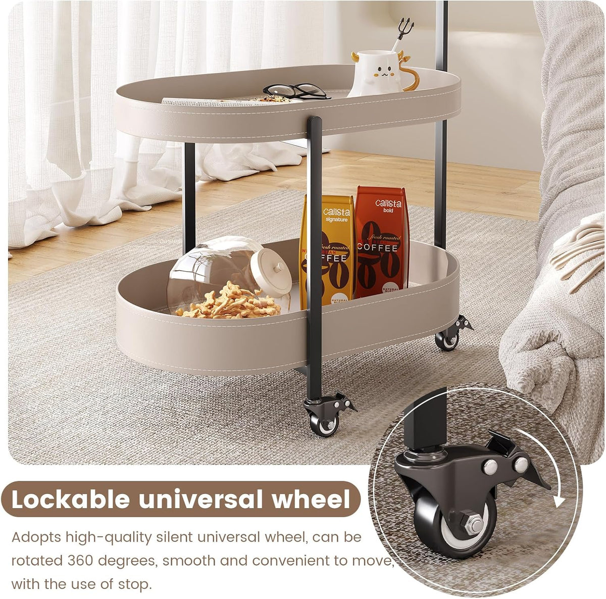 Guyii 2 Tiers Storage Rolling Cart 360 Rotating Side Table Modern End Table Living Room Table with Wheels Easy to Move for Living Room Bedroom Kichen Bathroom Pu Leather