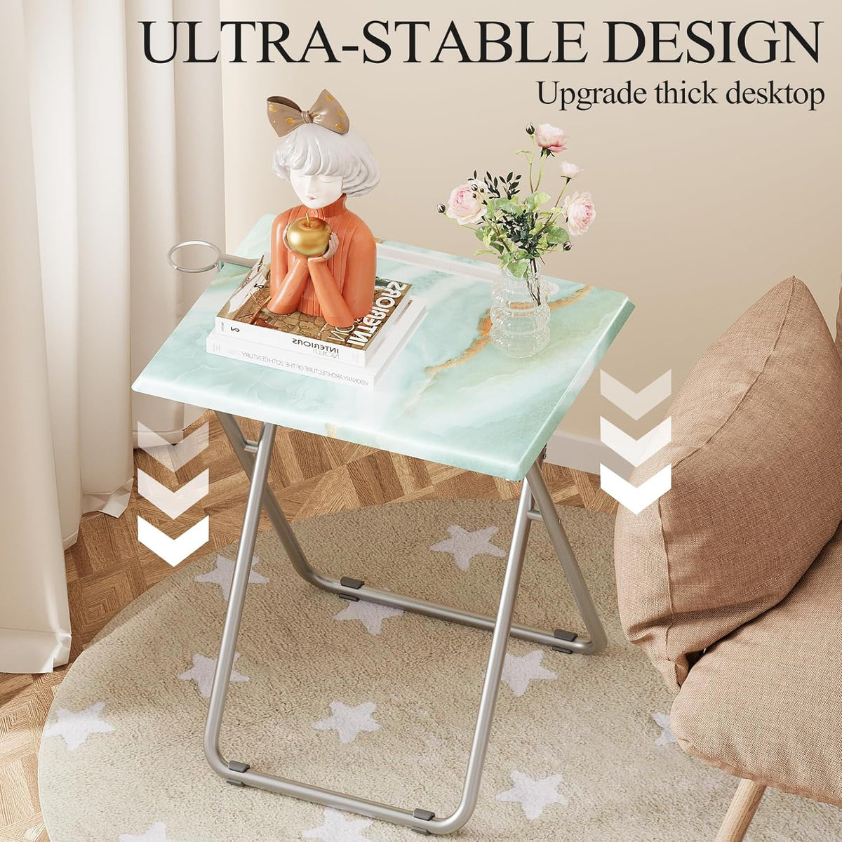 TV Trays Table Set of 4 Portable Folding TV Tray Table TV Dinner Tray with Sturdy MDF, Small Folding Tables with Phone & Tablet Slot, No Assembly Required, 15 x 18.9 x 25.6 in (Sea Blue Marble, 4Pcs)