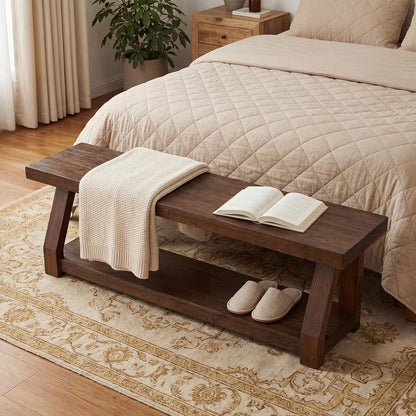 63" Solid Wood Bench, 2-Tier Entryway Bench with Shoe Storage, Rustic Hallway Accent Benches for Entryway, Living Room, Mudroom, Easy Assembly, Rustic Dark Brown