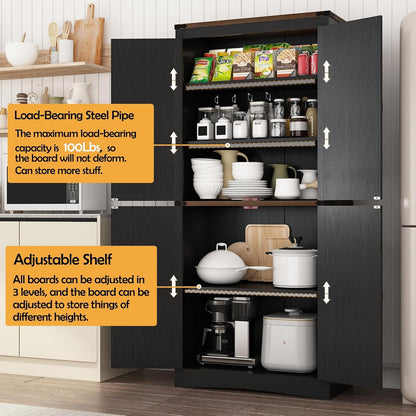71in Farmhouse Kitchen Pantry Cabinet,Tall Storage Cabinet with 4 Doors and Adjustable shelves,with Load-Bearing Steel Pipe,Wood Storage Cabinets for Kitchen,Dining Room,Bathroom(Black)