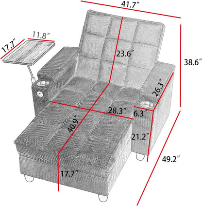 Eafurn Convertible Chaise Lounge Sleeper Chair with Storage and 6-Position Reclining Backrest,Modern Tufted Recliner Lounge Chaise Chair with Swivel Tray Table & USB Port for Living Room