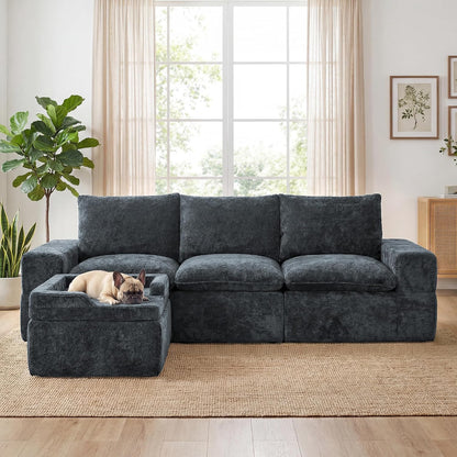 MONVANE 102" Modular Sectional Sofa, Oversized 4 Seat Convertible L Shaped Cloud Couch with Multi-Use Lounge Ottoman, Comfy Crushed Velvet Couches for Living Room, Charcoal Grey