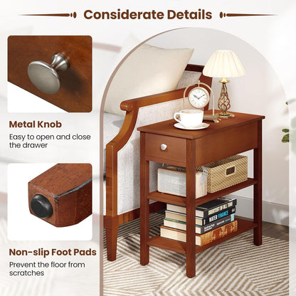 Giantex Narrow End Table Set of 2, Farmhouse Side Tables with Drawer & Storage Shelves, Wood Sofa Side Tables, 3-Tier Nightstands for Small Space, Living Room, Bedroom, 23.5"L x 12"W x 24.5"H, Brown