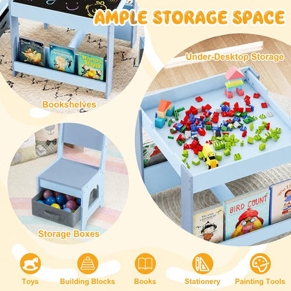Children's Table with 2 Chairs Wood 3-Piece Furniture Set | Children's furniture set with shelf storage space and 4-in-1 painting table for children from 3 years