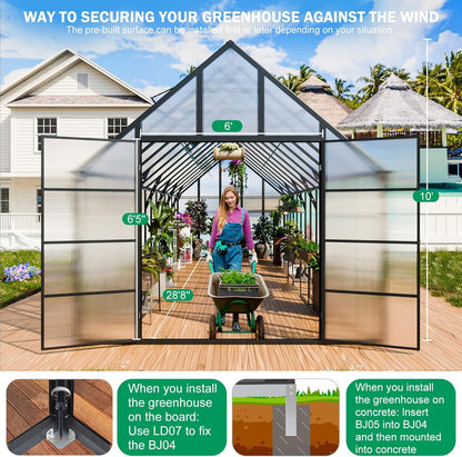 CDCASA 28x10x10 FT Greenhouse for Outdoors, Easy Assembly Large Thicker Aluminum Heavy Duty Polycarbonate Greenhouses Kit w/6 Windows, Outside Sunroom Walk-in Green House for Patio,Backyard