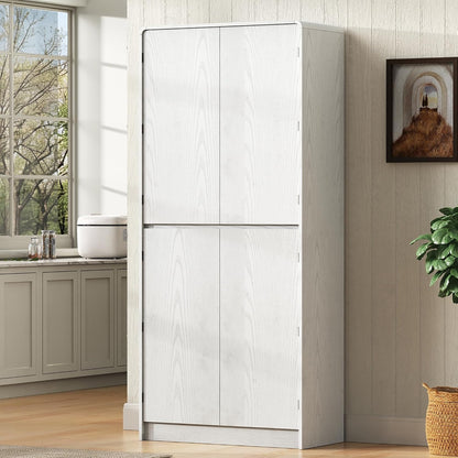 72 Inch Farmhouse Kitchen Pantry Cabinet with Unique Curved Design, 4-Door Storage with 8 Adjustable Door Shelves, 3 Adjustable Shelves & Hidden Drawer, Freestanding (Curved Design + White)