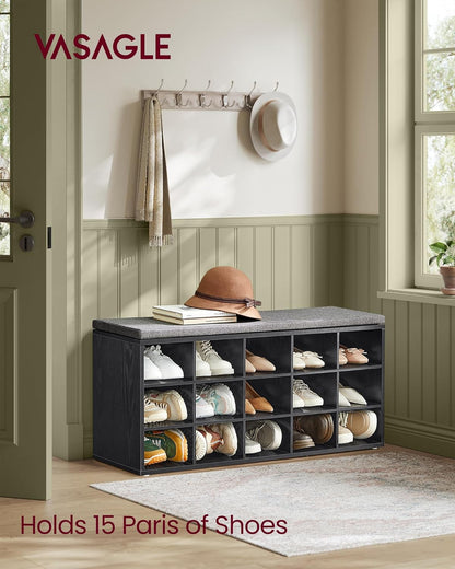 VASAGLE CUSTOS Collection - Shoe Bench, Storage Bench with Padded Seat, Entryway Bench with 15 Compartments, for Bedroom, 11.8 x 41.3 x 18.9 Inches, Ebony Black and Slate Gray ULHS015B02