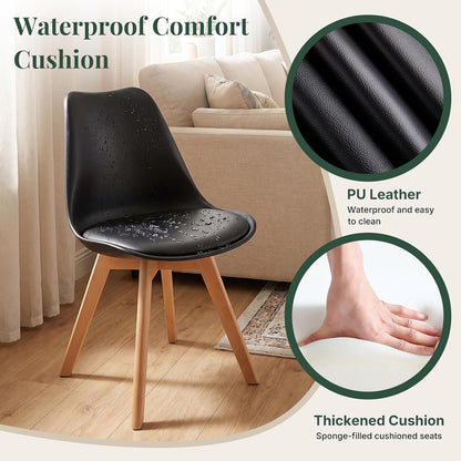 Dining Chairs Set of 8, PU Leather Padded Seat for Living Room | Modern, Upholstered Kitchen Chairs, Thick Cushions, Curved Back, Solid Wood Legs, Apartment, Restaurant, Black