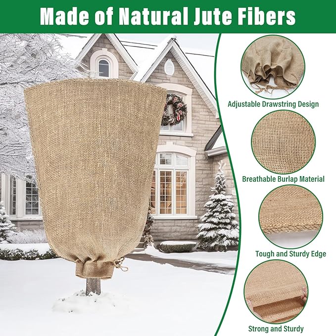 Riare 2 Packs 45 × 70 Inch Burlap Winter Plant Cover Bags with Drawstring- Reusable Large Burlap Sack Plant Frost Protector, Plant Frost Cloth Cold Tree Freeze Blanket for Outdoor Plants Shrubs Fruit