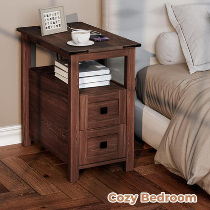 VVFLU Farmhouse End Table with Charging Station and 2 Storage Drawers, Cherry Wood Nightstand Narrow, Skinny Side Table Rustic, Slim Bedside Table, Open Shelf, Small for Bedroom, Living Room, Sofa