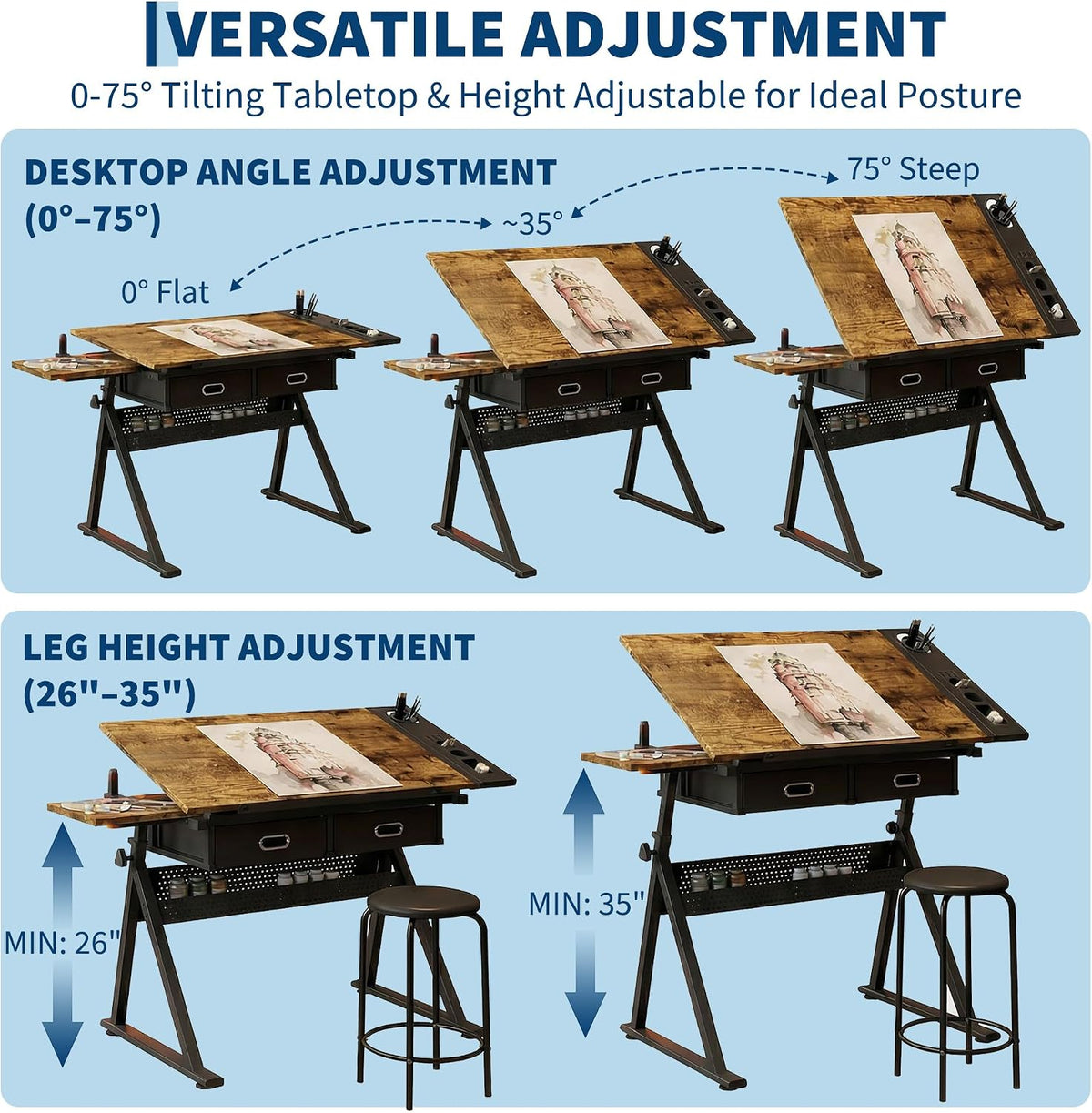 Garvee Height Adjustable Drafting Table, 0-75°Tilting Drawing Desk | Artist Table w/Stool, Multifunctional Art Craft Workstation with 2 Storage Drawers for Home Office Reading Writing Crafting