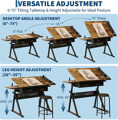 Garvee Height Adjustable Drafting Table, 0-75°Tilting Drawing Desk | Artist Table w/Stool, Multifunctional Art Craft Workstation with 2 Storage Drawers for Home Office Reading Writing Crafting