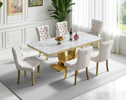 7-Piece Dining Table Set with 6 Beige Upholstered Chairs, 68" White Gold Faux Marble Kitchen Table Set for 6, U-Shape Pedestal Dining Room Table Set for 6, Modern Dining Table Set for 6
