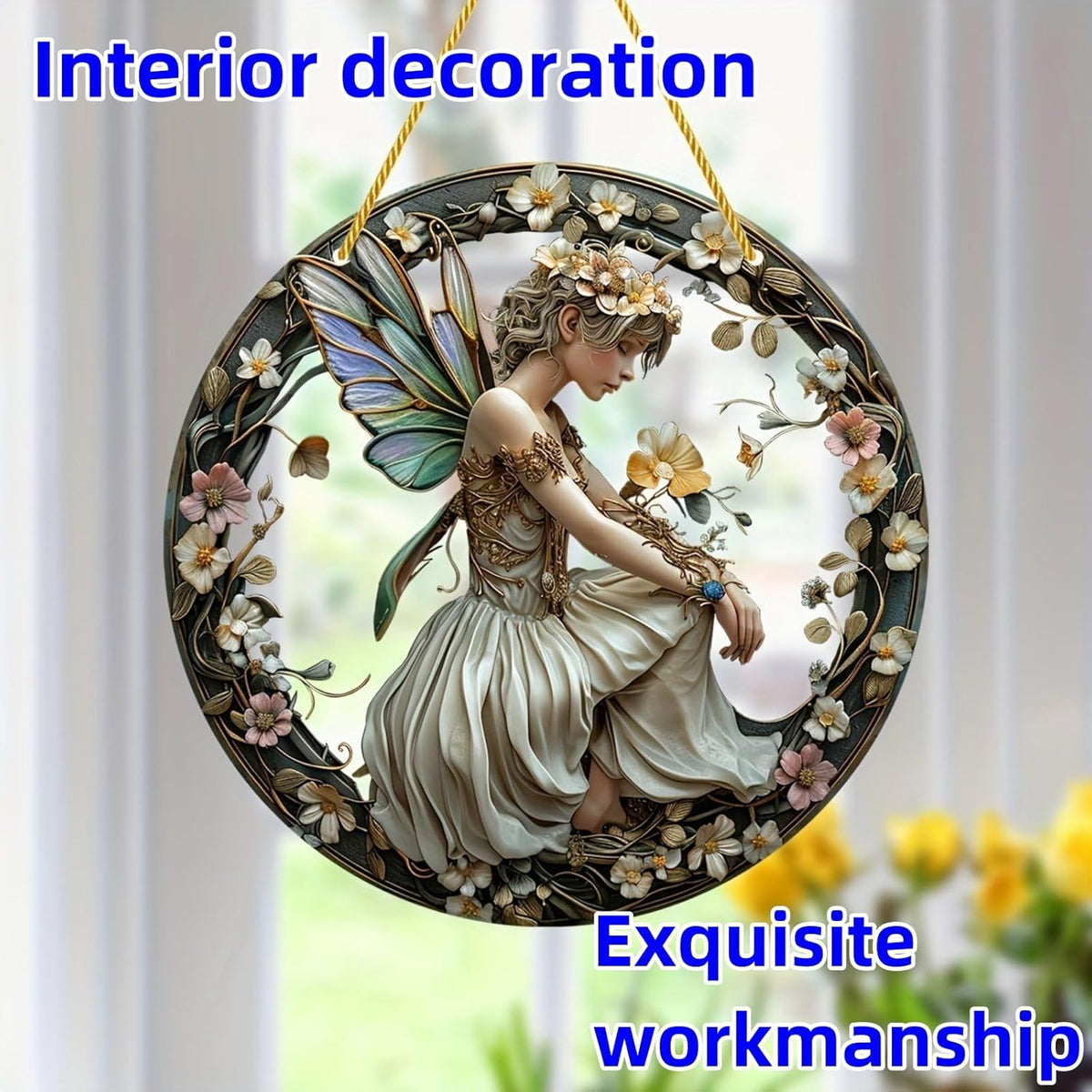 Flower Fairy Garden Decorations Angel Wing Christmas Halloween Deco Statue Art Elf Sculpture Hanging Craft for Outdoor Yard Courtyard Lawn Patio Window Acrylic Ornament Home Gift (C,L: 8*8 IN)