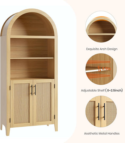 Garvee Arched Kitchen Pantry Storage Cabinet - 5-Tier Open Display Shelf with Rattan Decor, Farmhouse Storage Cabinet for Kitchen, Dining Room, Living Room, Natural
