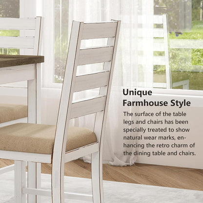 ROCSUMOO 6 Piece Farmhouse Dining Table Set of 6 with 4 Chairs & 1 Bench | 59" Rectangular Kitchen Table Set with Old Design, Farmhouse White Dinner Room Set Solid Wood Stable Space Saving