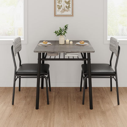 IDEALHOUSE Small Dining Table Set for 2, 3-Piece Dining Set with Storage Rack, Wood Kitchen Table with Upholstered Chairs, Square Table Set with Metal Legs Support, for Dining Room, Living Room, Grey