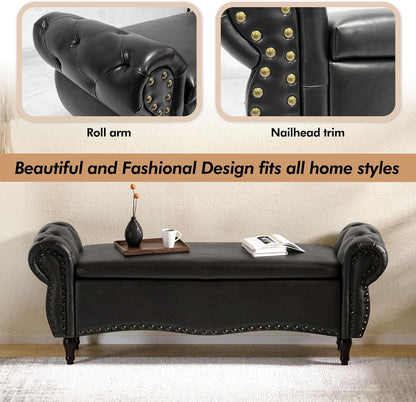 ZZW Storage Ottoman Bench, 51" Length Upholstered End of Bed Storage Bench for Bedroom with Safety Hinge, Tufted Bed Benches with Rolled Arm and Nailhead Trim for Living Room, Entryway Black
