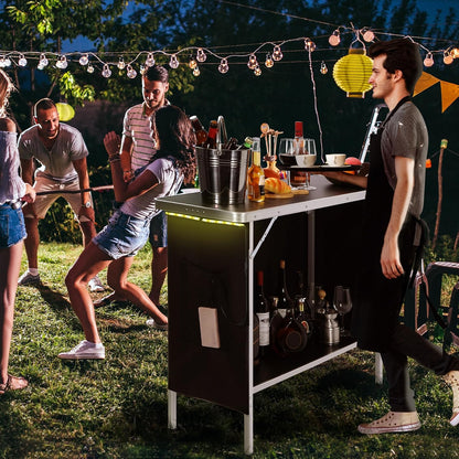 43" Long Portable Bar Table with Remote-Controlled Multi-Color LED Lights, Foldable Mobile Bartender Table for Party, 43"x33"x15" Storage Shelf, Waterproof MDF Top & Removable Skirt (Black)