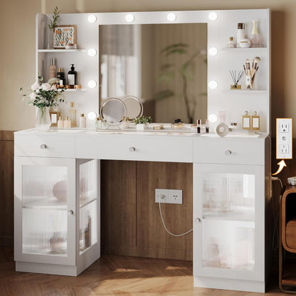 Makeup Vanity Glass Top, White Vanity Desk Tocador de Maquillaje para Mujer | 3-Color Hollywood Bulbs, 3 Drawers & 2 Lighted Cabinets with Adjustable Shelves, Built-In Power Outlet, Crystal Handles