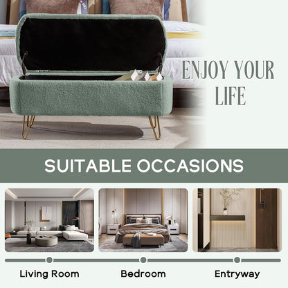 NIOIIKIT Storage Ottoman Bench, Comfy Faux Fur Upholstered Entryway Bench with Metal Legs, Bedroom Bench with Flip Top, Footrest Shoe Bench for Living Room, Bedroom (Olive Green)